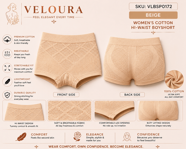 VELOURA Women's High-Waist Cotton Boyshort Panty | Tummy Control | Breathable Stretch Underwear | Seamless Full Coverage Brief - VELOURA
