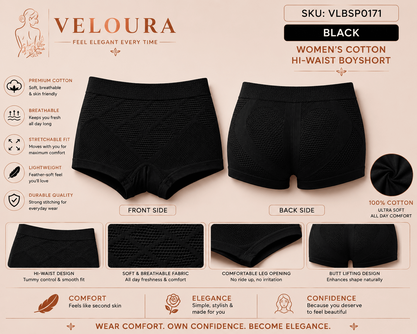 VELOURA Women's High-Waist Cotton Boyshort Panty | Tummy Control | Breathable Stretch Underwear | Seamless Full Coverage Brief - VELOURA