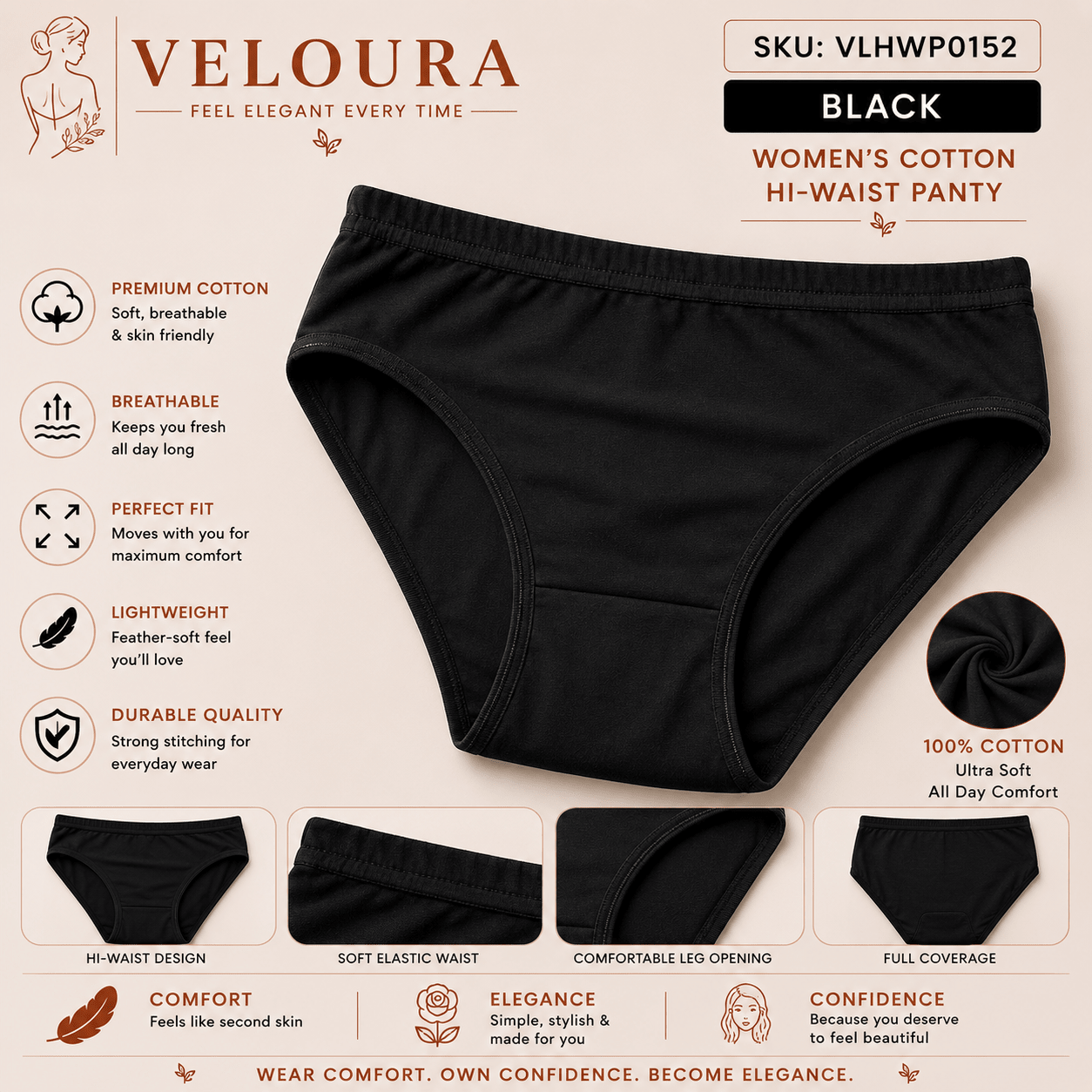VELOURA Women's High-Waist Cotton Panty | Soft Breathable Full Coverage Brief | Everyday Comfort Underwear | Skin-Friendly Stretch Fit - VELOURA
