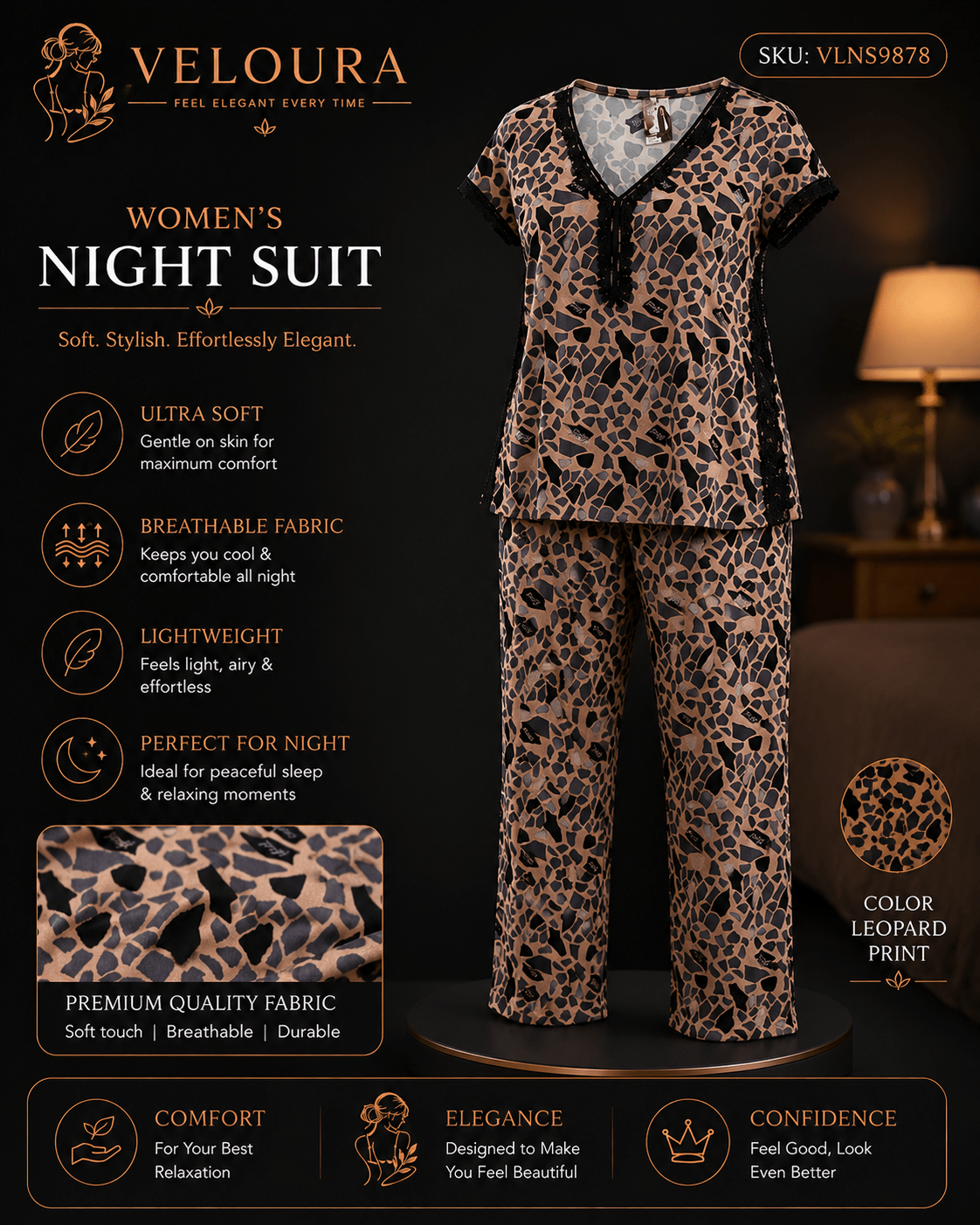Veloura Women's Leopard Print Night Suit – Ultra Soft Breathable Lounge & Sleepwear Set - VELOURA