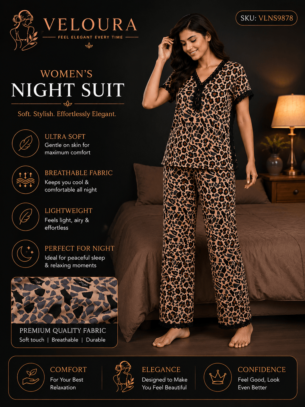 Veloura Women's Leopard Print Night Suit – Ultra Soft Breathable Lounge & Sleepwear Set - VELOURA