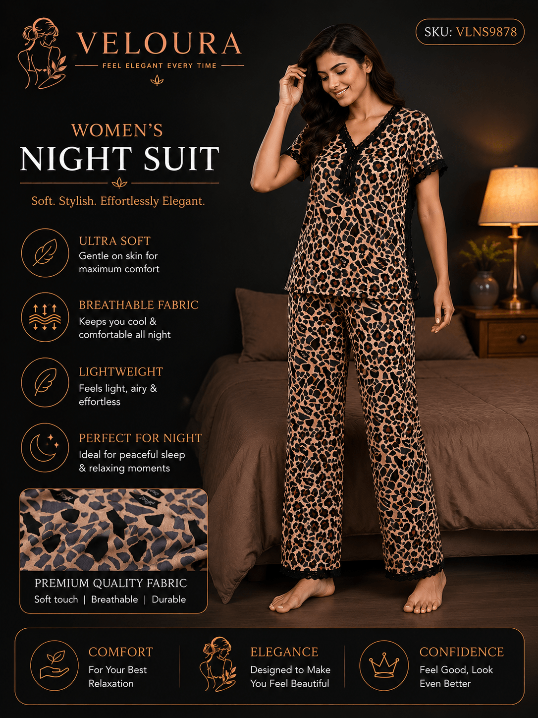 Veloura Women's Leopard Print Night Suit – Ultra Soft Breathable Lounge & Sleepwear Set - VELOURA