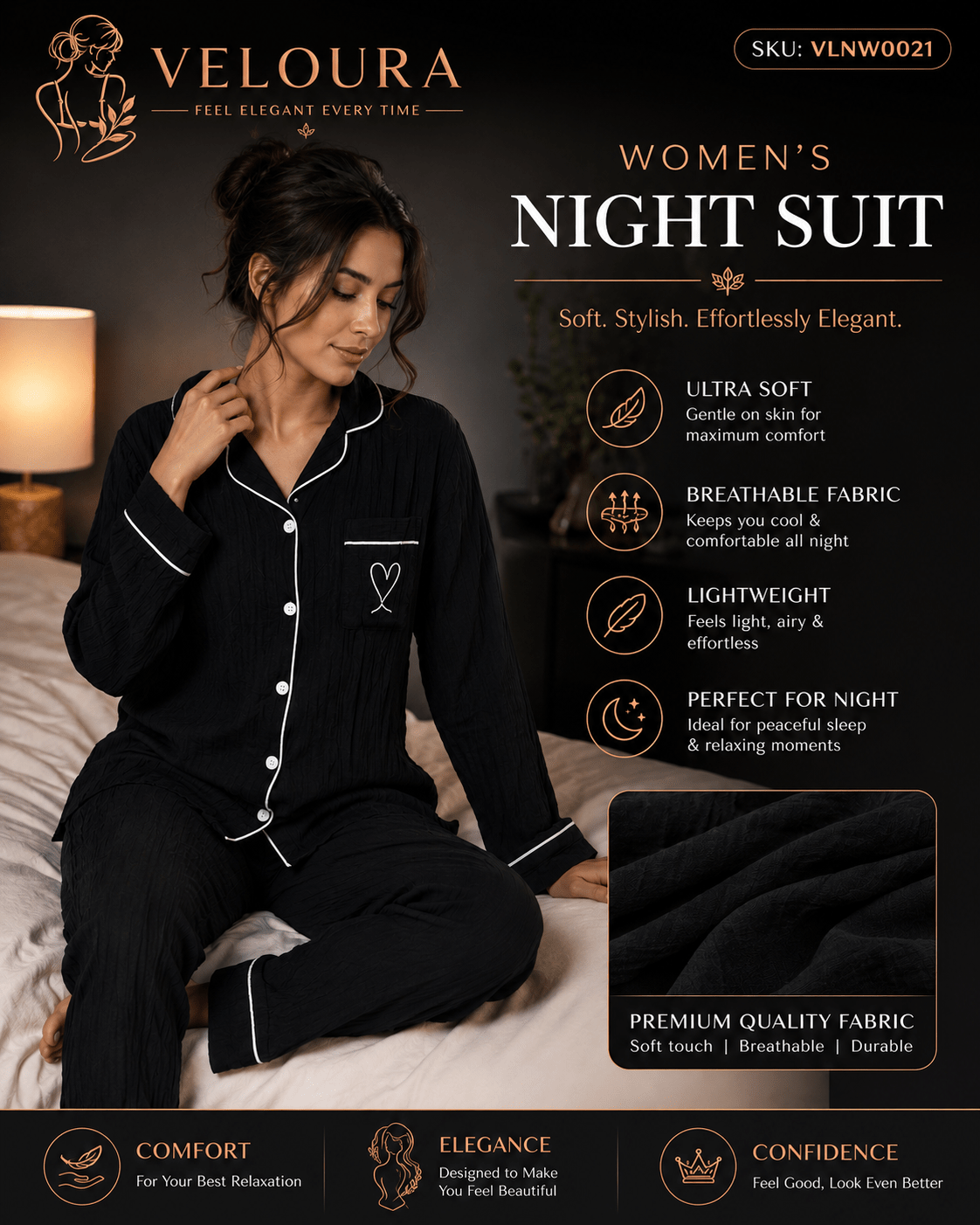 Veloura Women's Night Suit – Black | Ultra Soft Breathable Full Sleeve Pajama Set for Comfortable Sleep & Lounging - VELOURA