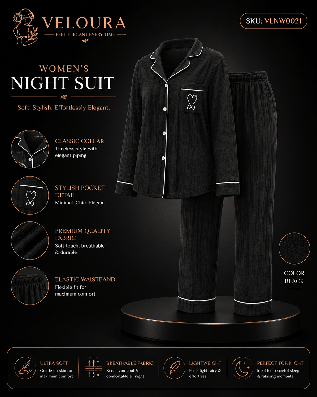 Veloura Women's Night Suit – Black | Ultra Soft Breathable Full Sleeve Pajama Set for Comfortable Sleep & Lounging - VELOURA