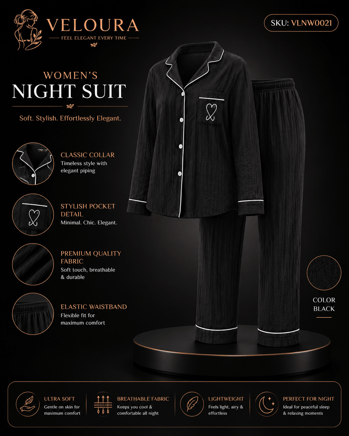Veloura Women's Night Suit – Black | Ultra Soft Breathable Full Sleeve Pajama Set for Comfortable Sleep & Lounging - VELOURA