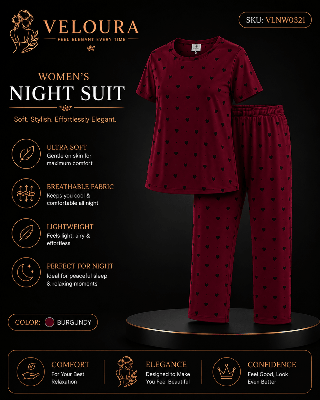 Veloura Women's Night Suit – Burgundy | Ultra Soft Heart Print Pajama Set for Comfortable Sleep & Everyday Lounging - VELOURA