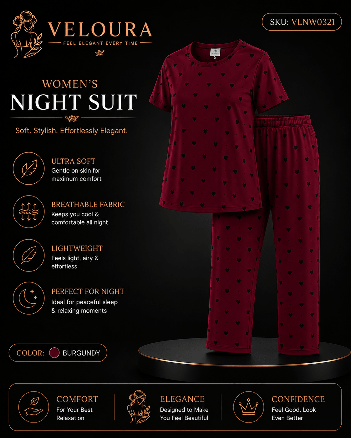 Veloura Women's Night Suit – Burgundy | Ultra Soft Heart Print Pajama Set for Comfortable Sleep & Everyday Lounging - VELOURA