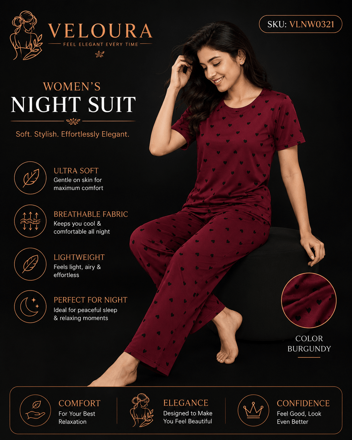 Veloura Women's Night Suit – Burgundy | Ultra Soft Heart Print Pajama Set for Comfortable Sleep & Everyday Lounging - VELOURA