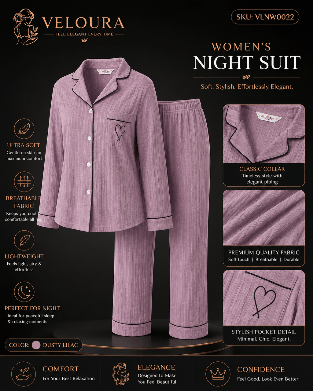 Veloura Women's Night Suit – Dusty Lilac | Premium Soft Full Sleeve Pajama Set for Comfortable Sleep & Everyday Lounging - VELOURA