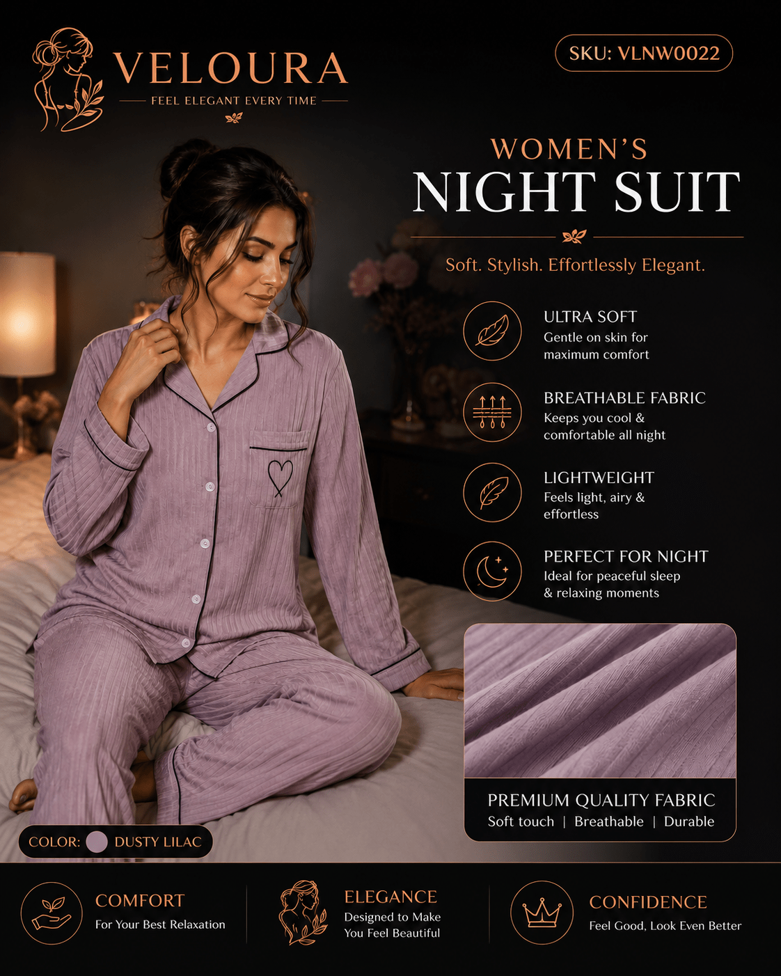 Veloura Women's Night Suit – Dusty Lilac | Premium Soft Full Sleeve Pajama Set for Comfortable Sleep & Everyday Lounging - VELOURA