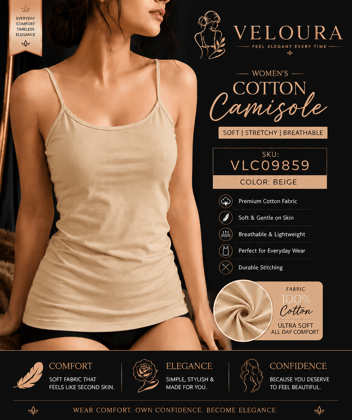 Veloura Women's Premium Cotton Camisole | Soft Stretch Tank Top | Breathable Everyday Innerwear | Beige - VELOURA