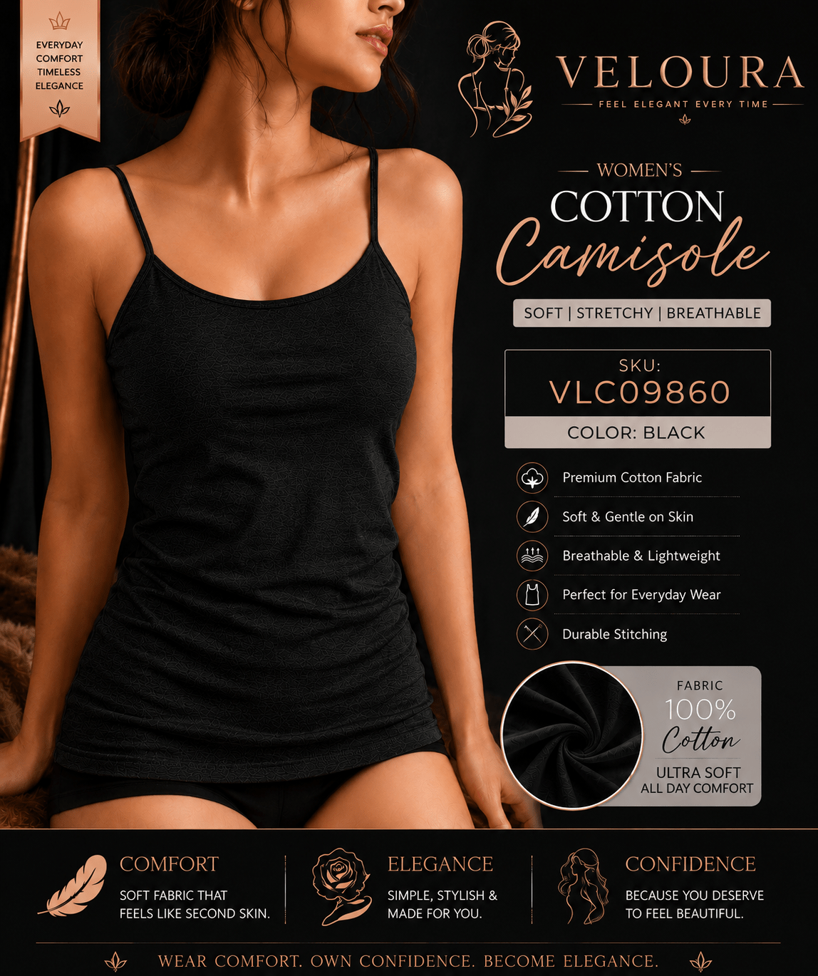 Veloura Women's Premium Cotton Camisole | Soft Stretch Tank Top | Breathable Everyday Innerwear | black - VELOURA