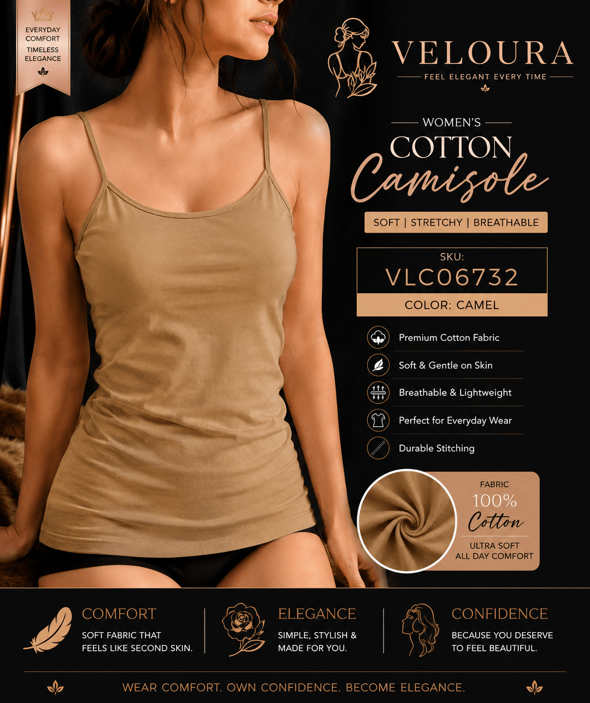 Veloura Women's Premium Cotton Camisole | Soft Stretch Tank Top | Breathable Everyday Innerwear | Camel - VELOURA