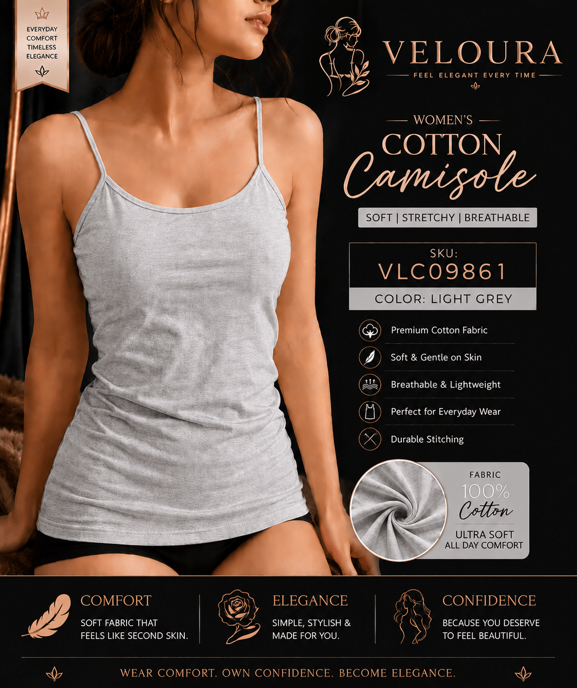 Veloura Women's Premium Cotton Camisole | Soft Stretch Tank Top | Breathable Everyday Innerwear | Light Grey - VELOURA
