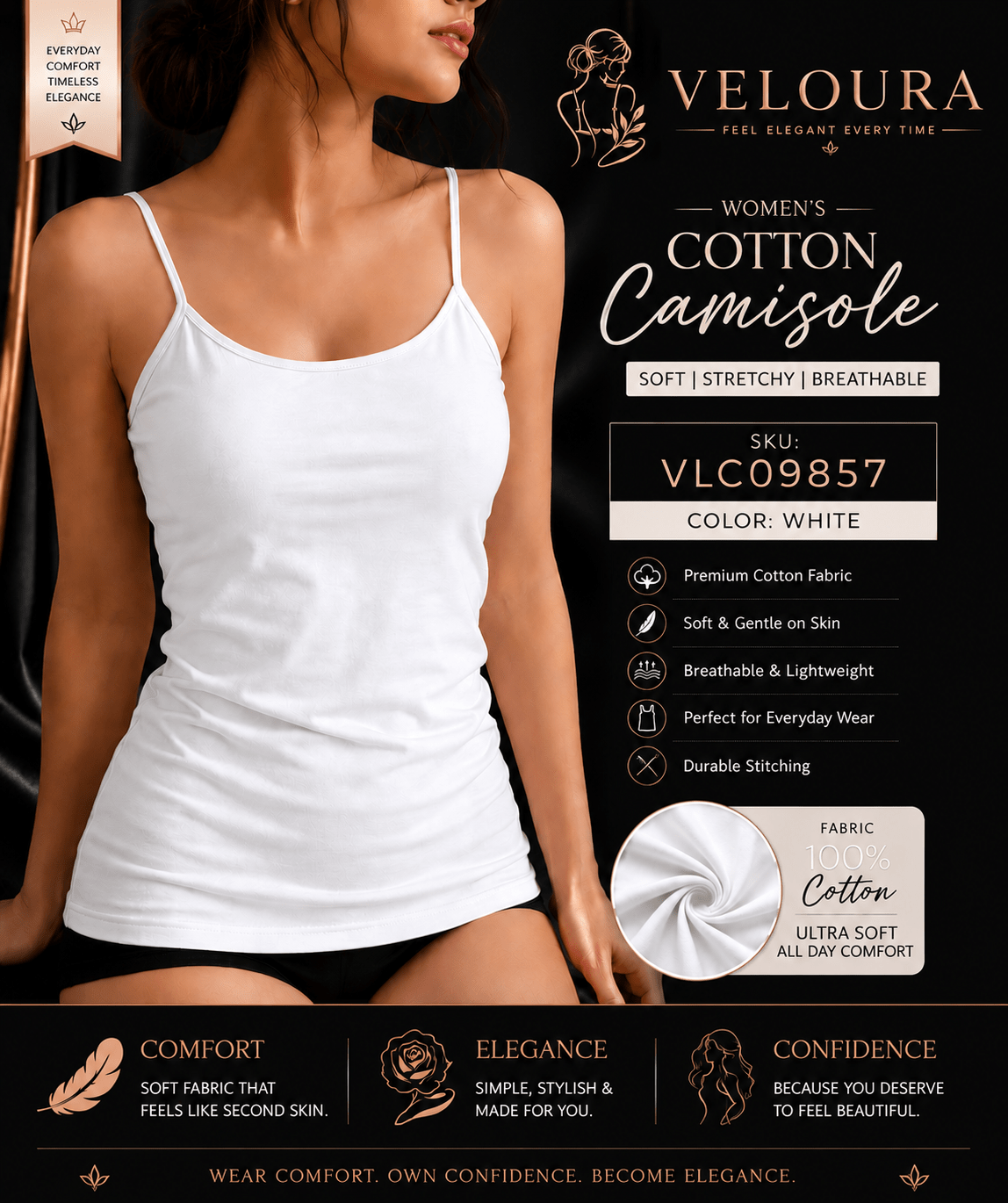 Veloura Women's Premium Cotton Camisole | Soft Stretch Tank Top | Breathable Everyday Innerwear | White - VELOURA