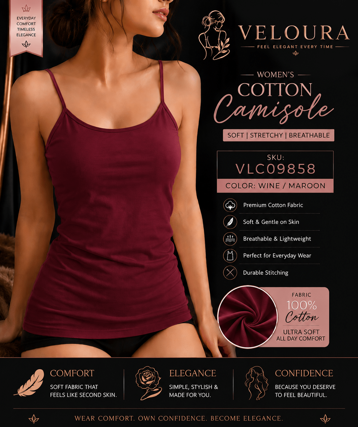 Veloura Women's Premium Cotton Camisole | Soft Stretch Tank Top | Breathable Everyday Innerwear | Wine / Maroon - VELOURA