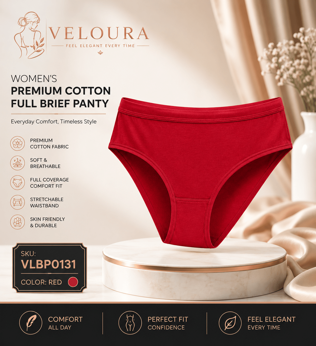 VELOURA Women's Premium Cotton Full Brief Panty | Full Coverage Soft Breathable Underwear | Stretch Comfort Everyday Bri - VELOURA