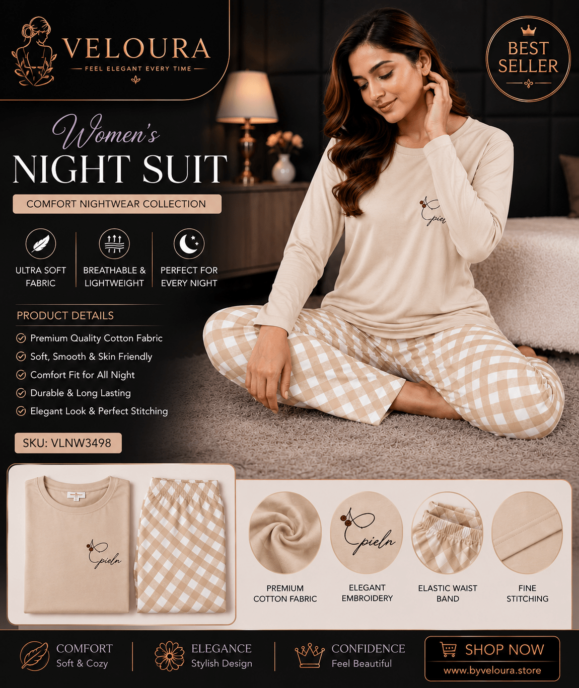 Veloura Women's Premium Cotton Night Suit | Beige Long Sleeve Pajama Set | Soft Checkered Sleepwear - VELOURA