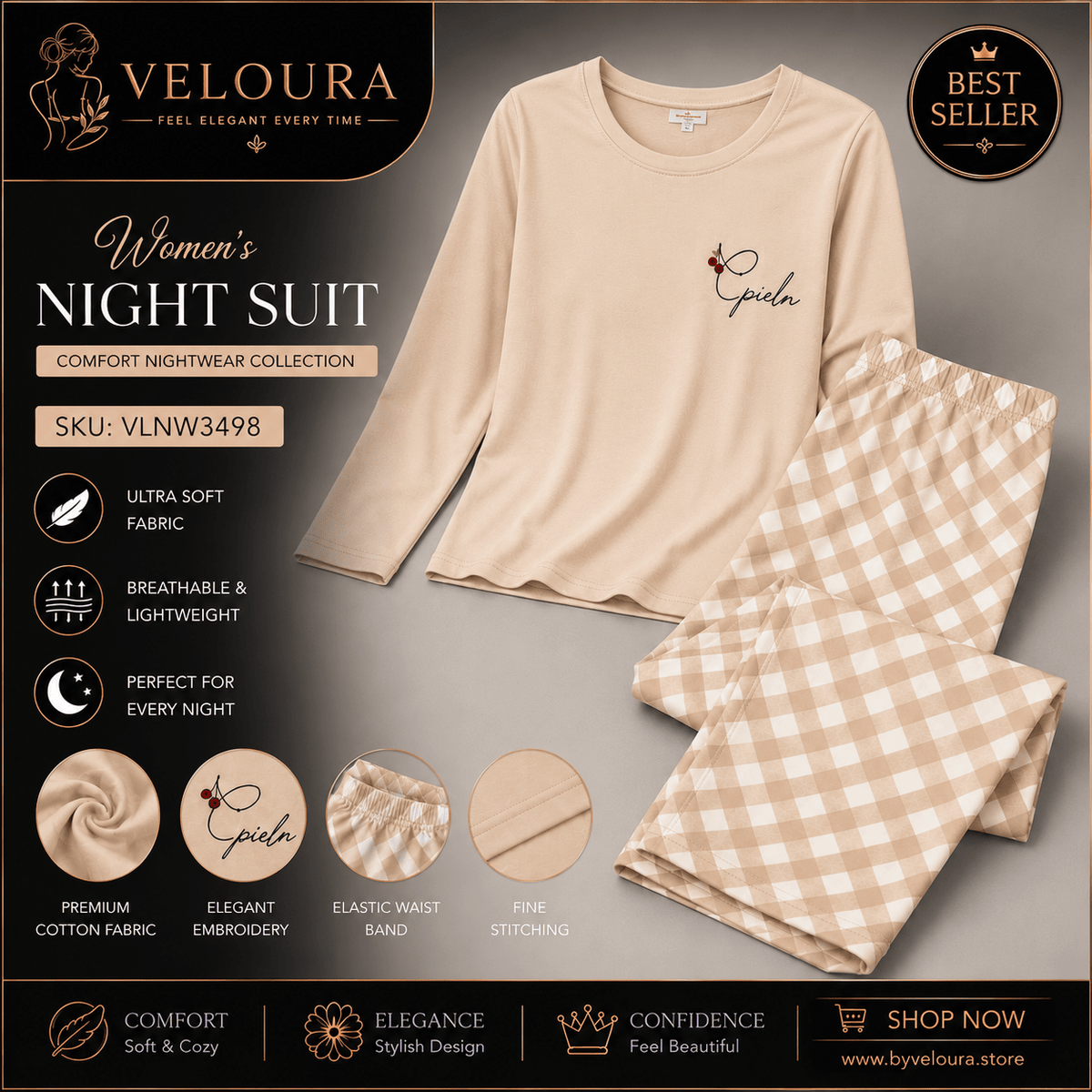 Veloura Women's Premium Cotton Night Suit | Beige Long Sleeve Pajama Set | Soft Checkered Sleepwear - VELOURA