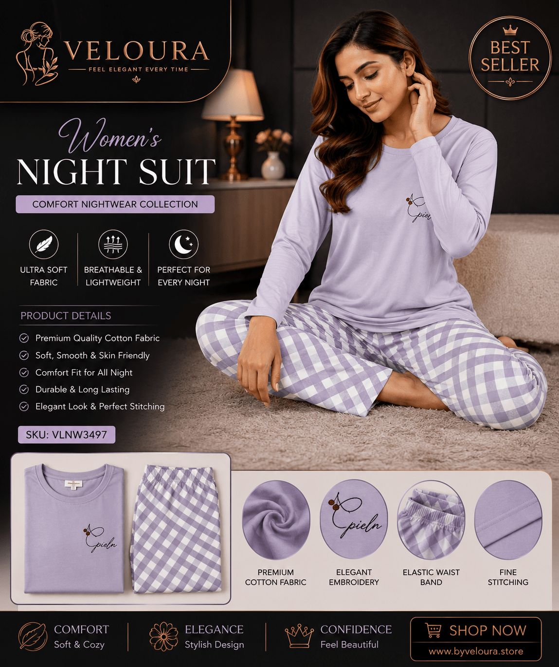 Veloura Women's Premium Cotton Night Suit | Lavender Long Sleeve Pajama Set | Soft Checkered Sleepwear - VELOURA