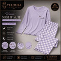Veloura Women's Premium Cotton Night Suit | Lavender Long Sleeve Pajama Set | Soft Checkered Sleepwear - VELOURA