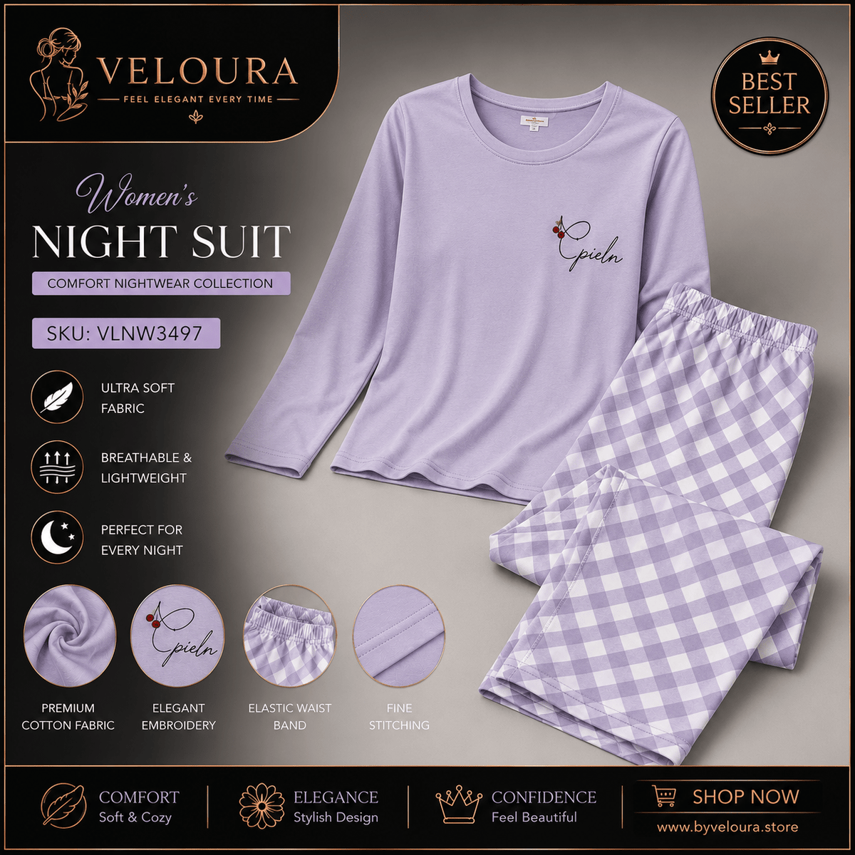 Veloura Women's Premium Cotton Night Suit | Lavender Long Sleeve Pajama Set | Soft Checkered Sleepwear - VELOURA