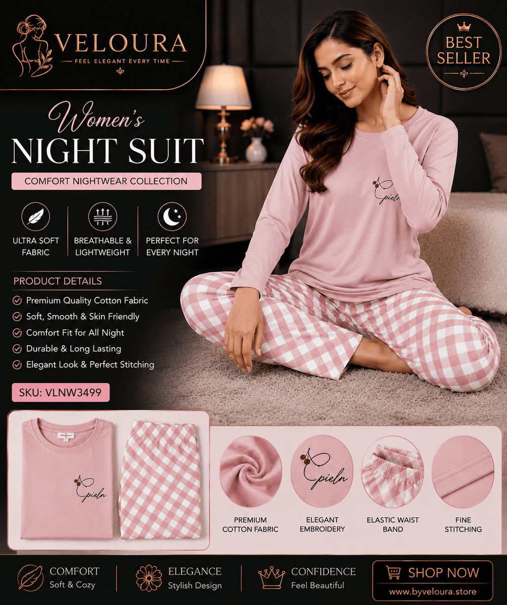Veloura Women's Premium Cotton Night Suit | Soft Long Sleeve Pajama Set | Pink Checkered Sleepwear - VELOURA
