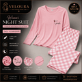 Veloura Women's Premium Cotton Night Suit | Soft Long Sleeve Pajama Set | Pink Checkered Sleepwear - VELOURA