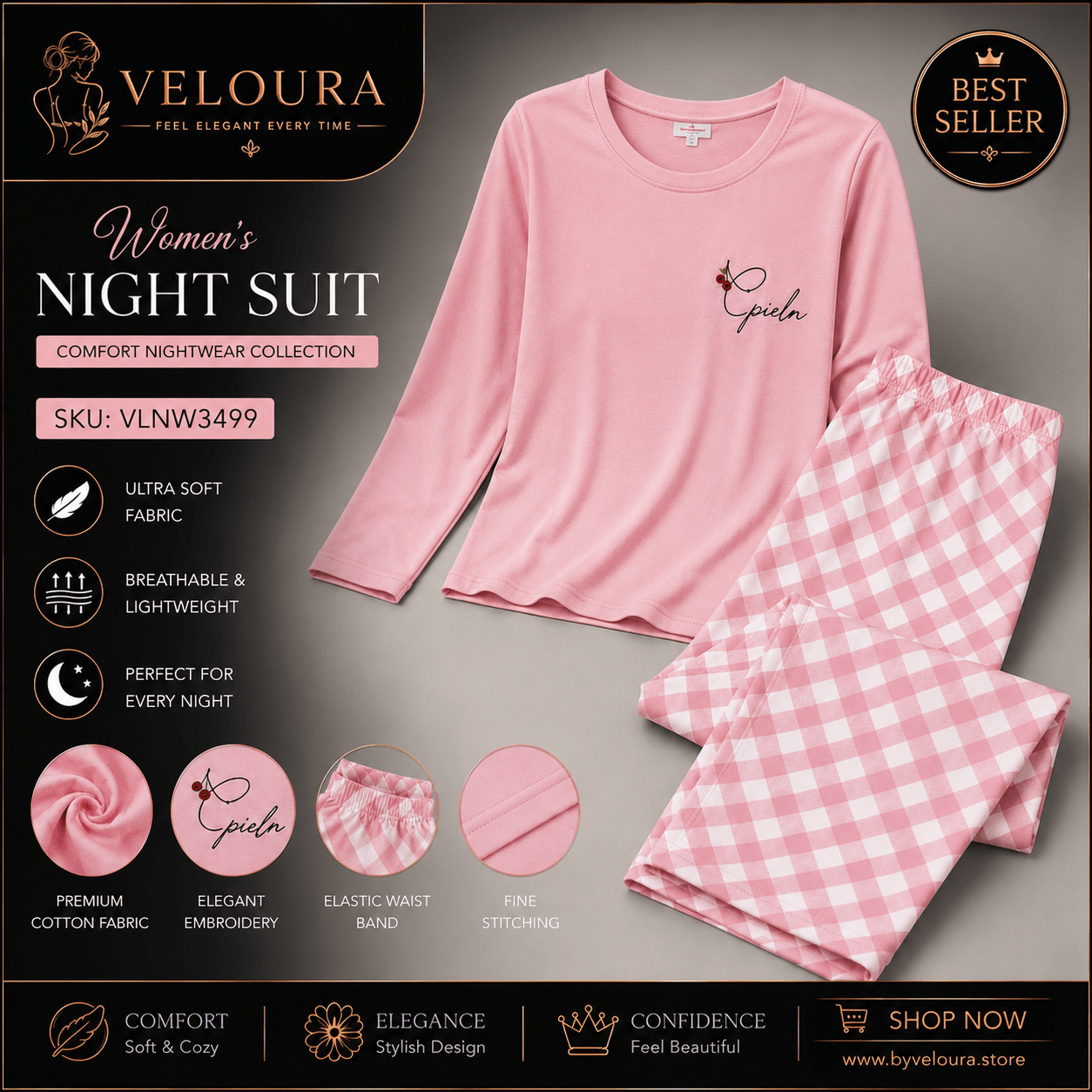 Veloura Women's Premium Cotton Night Suit | Soft Long Sleeve Pajama Set | Pink Checkered Sleepwear - VELOURA